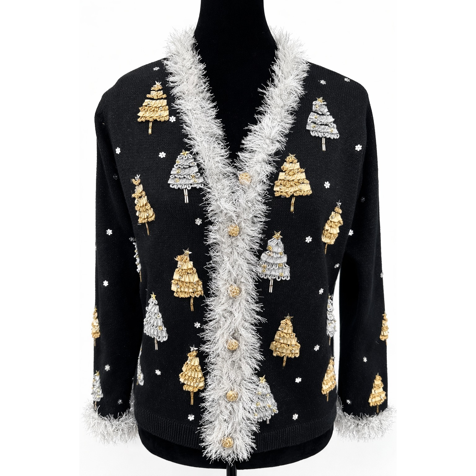 Design Options By Philip & Jane Gordon Christmas Tree Cardigan Small Black Knit
